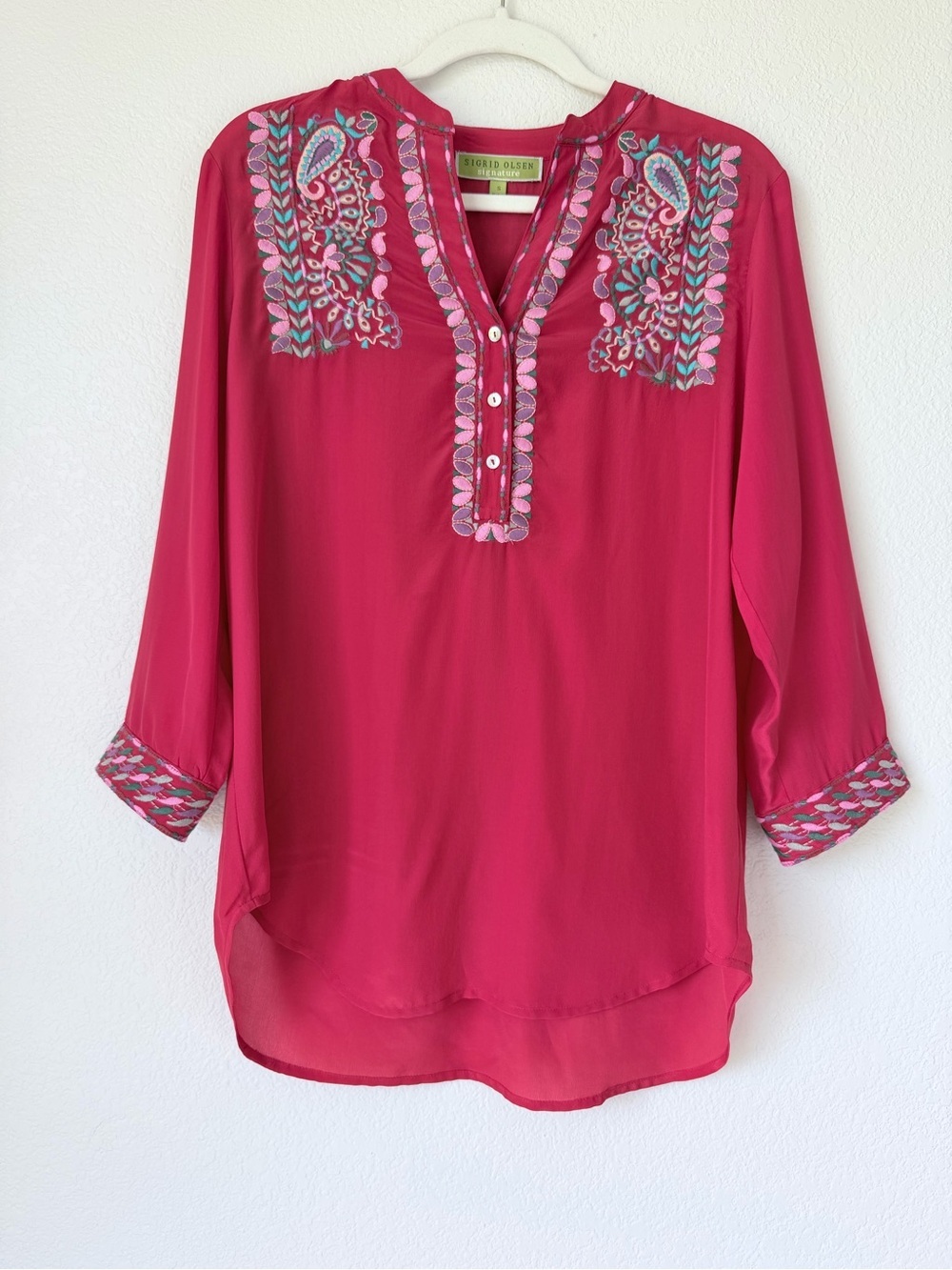Sigrid Olsen 100% Silk Embroidered Red Boho Tunic Blouse Size S